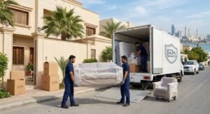 فريق عمل محترف يقوم بتغليف ونقل الأثاث بعناية فائقة ضمن خدمات نقل عفش حي الوسام بالطائف لضمان حماية الممتلكات ووصولها بأمان تام وبدون أي خدوش.