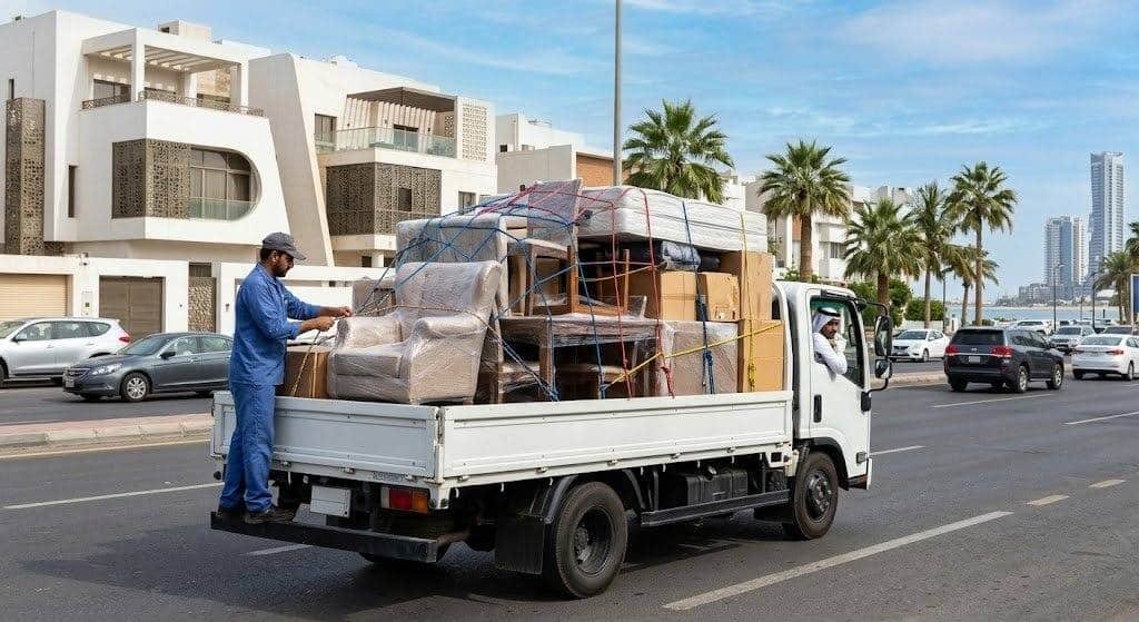 فريق عمل محترف يقوم بتغليف ونقل الأثاث بعناية فائقة ضمن خدمات نقل عفش الشرقية بالطائف لضمان حماية الممتلكات ووصولها بأمان تام وبدون أي خدوش.